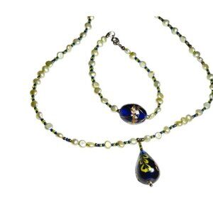 Necklace‎ & Bracelet Set Faux Pearl Bead Blue & Gold Art Glass Pendant